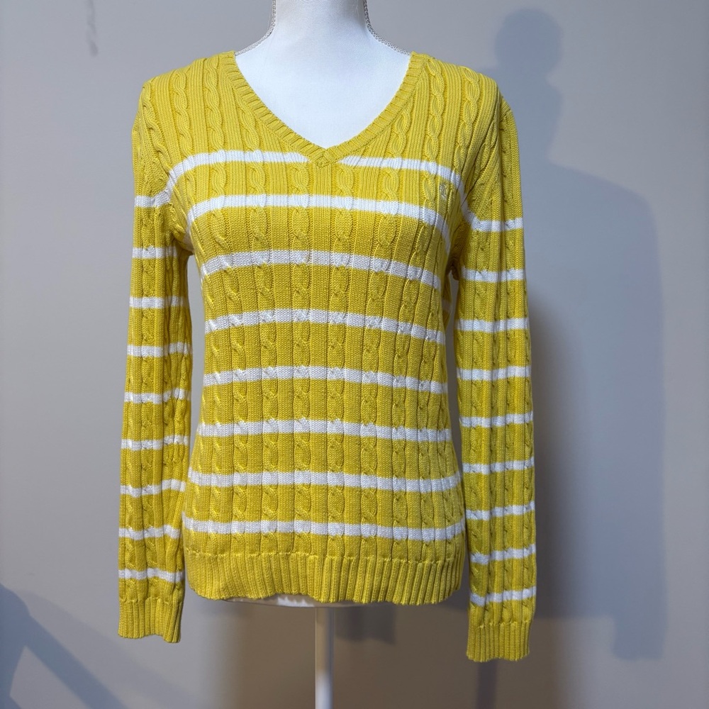 Yellow Cable Knit V Neck Sweater Preppy Coastal Spring Women M